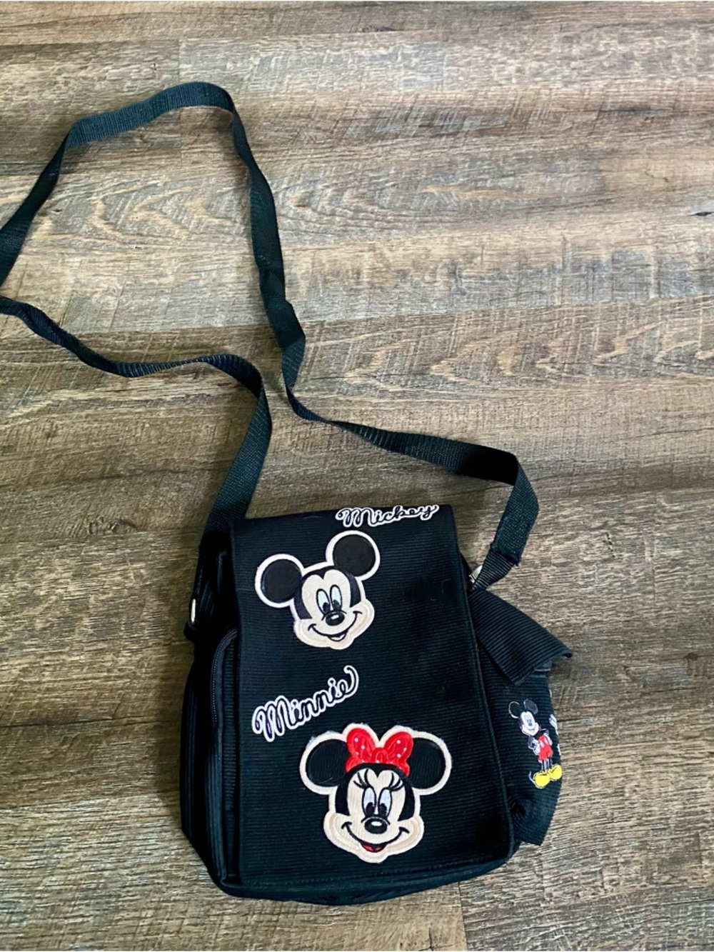Disney Black Crossbody Messenger Bag with Minnie & Mickey Patches